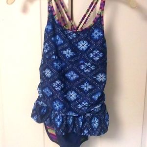 Girls one piece bú) deep colbalt multi color straps and interia size XL,XG 14-16